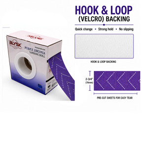 Blysk Purple Zirconia Sanding Roll – 2-3/4" x 13 Yds, Fast Cut, Long Life, Clog-Resistant, Hook & Loop, Pre-Cut for Easy Tear, Available in Grits 80, 120, 180, 220, 320, and 400.