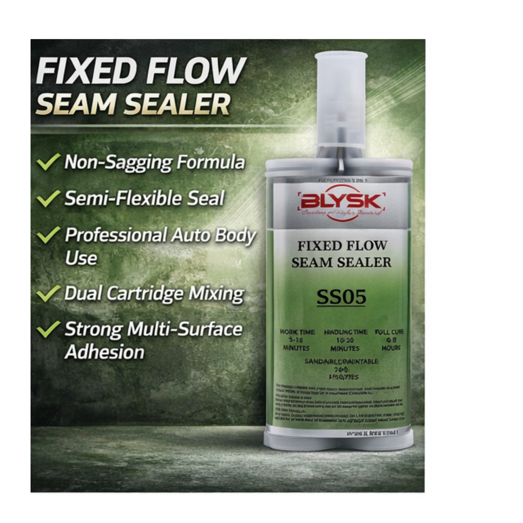 Blysk Fixed Flow Seam Sealer SS05 – 200ml / 6.76 fl oz Dual Cartridge with 2 Mixing nozzles – Automotive Seam Sealer for Metal, Aluminum, Fiberglass & Plastics – Non-Sagging Semi-Flexible Sealant