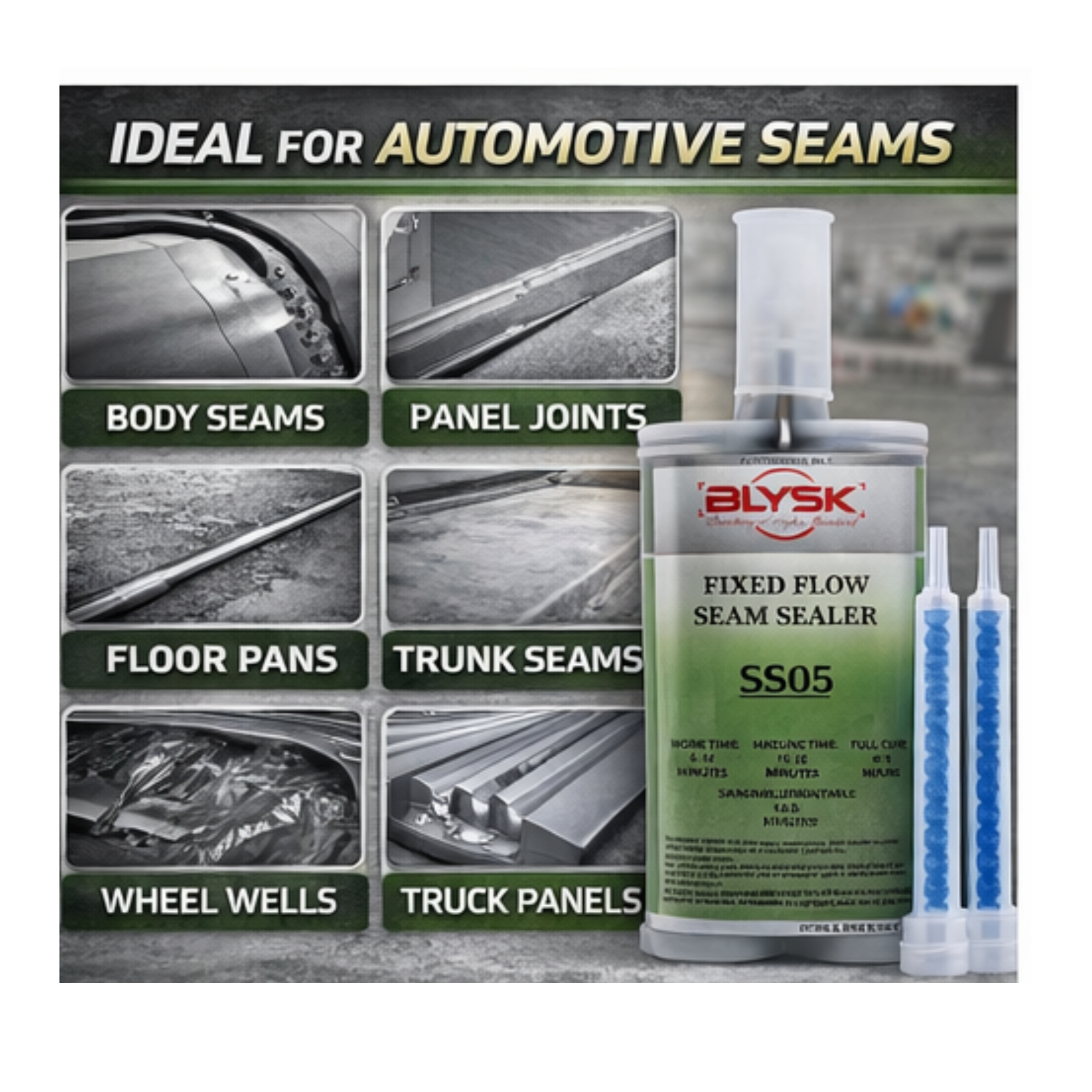 Blysk Fixed Flow Seam Sealer SS05 – 200ml / 6.76 fl oz Dual Cartridge with 2 Mixing nozzles – Automotive Seam Sealer for Metal, Aluminum, Fiberglass & Plastics – Non-Sagging Semi-Flexible Sealant