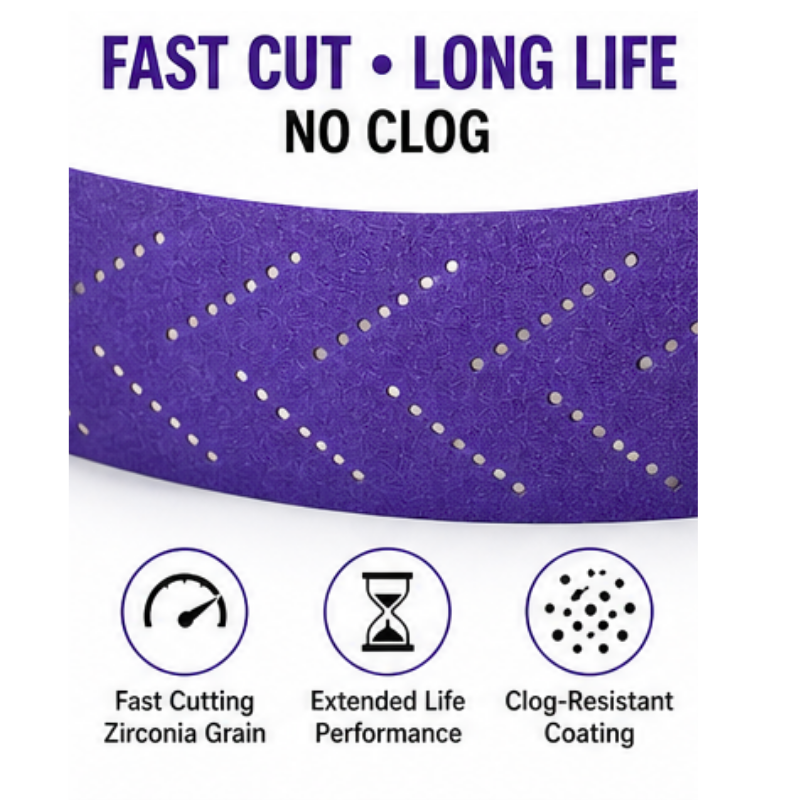 Blysk Purple Zirconia Sanding Roll – 2-3/4" x 13 Yds, Fast Cut, Long Life, Clog-Resistant, Hook & Loop, Pre-Cut for Easy Tear, Available in Grits 80, 120, 180, 220, 320, and 400.