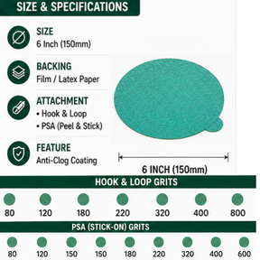 Blysk 6" Green Aluminum Oxide Sanding Discs – P80 to P800 Grit – Latex Paper, Semi-Open Coat – Hook & Loop/PSA – Clean Sanding for Metal, Wood, Paint, Plastic, 50-Pack