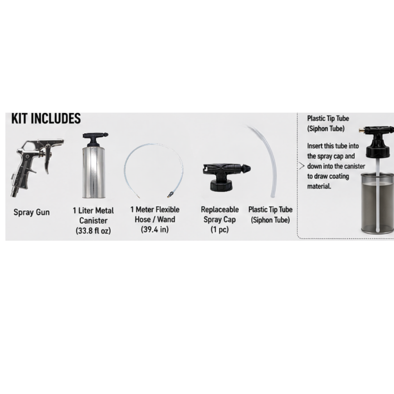 BLYSK K200 Undercoating Spray Gun Kit – 1L Metal Canister, 39.4" Flexible Wand Hose, Replaceable Spray Cap & Plastic Tube for Rust Proofing, Chip Guard & Bed Liner