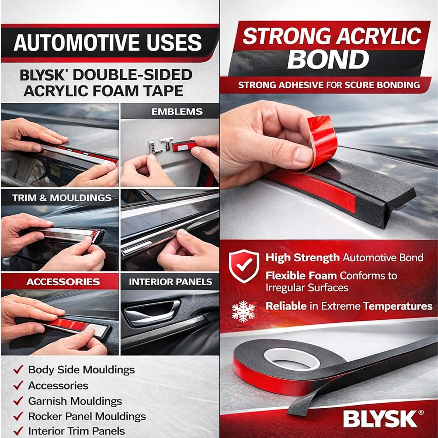 Premium Double Sided Acrylic Foam Tape (Gray) - for Body Side Mouldings, Accessories, Interior Trim Panels, Garnish Mouldings (1/2" x 20')