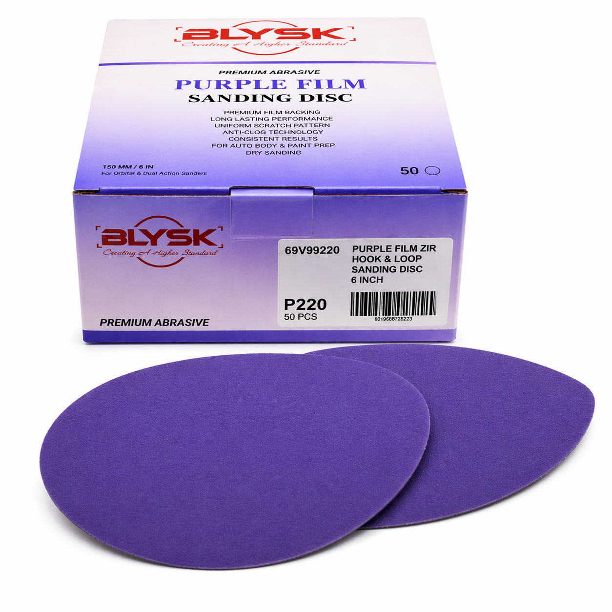 BLYSK Premium Purple Zirconia Sanding Discs 6", High Performance, Long Life, Clog-Resistant, Fits DA & Orbital Sanders, 50-Pack, Available in PSA and Hook & Loop