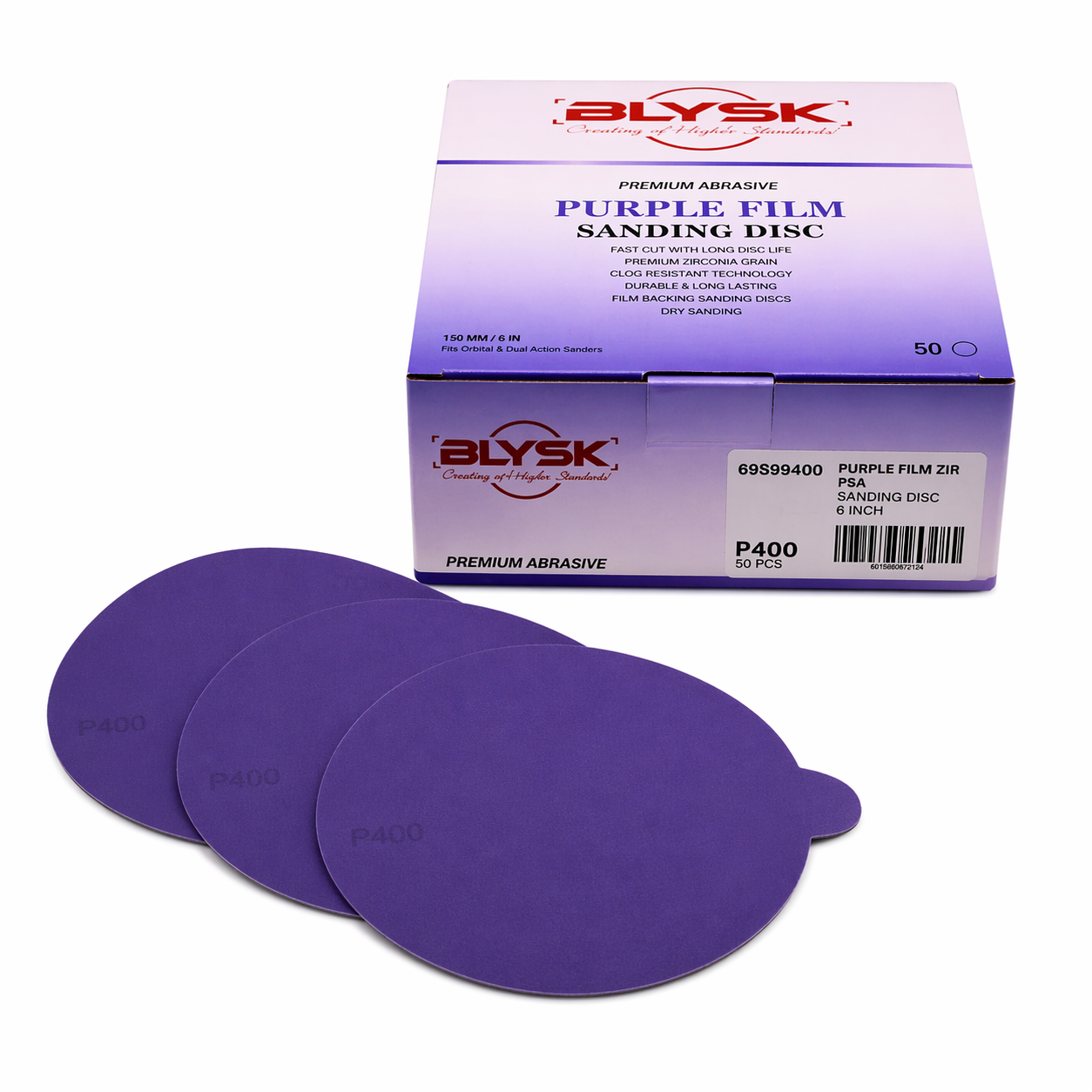 BLYSK Premium Purple Zirconia Sanding Discs 6", High Performance, Long Life, Clog-Resistant, Fits DA & Orbital Sanders, 50-Pack, Available in PSA and Hook & Loop