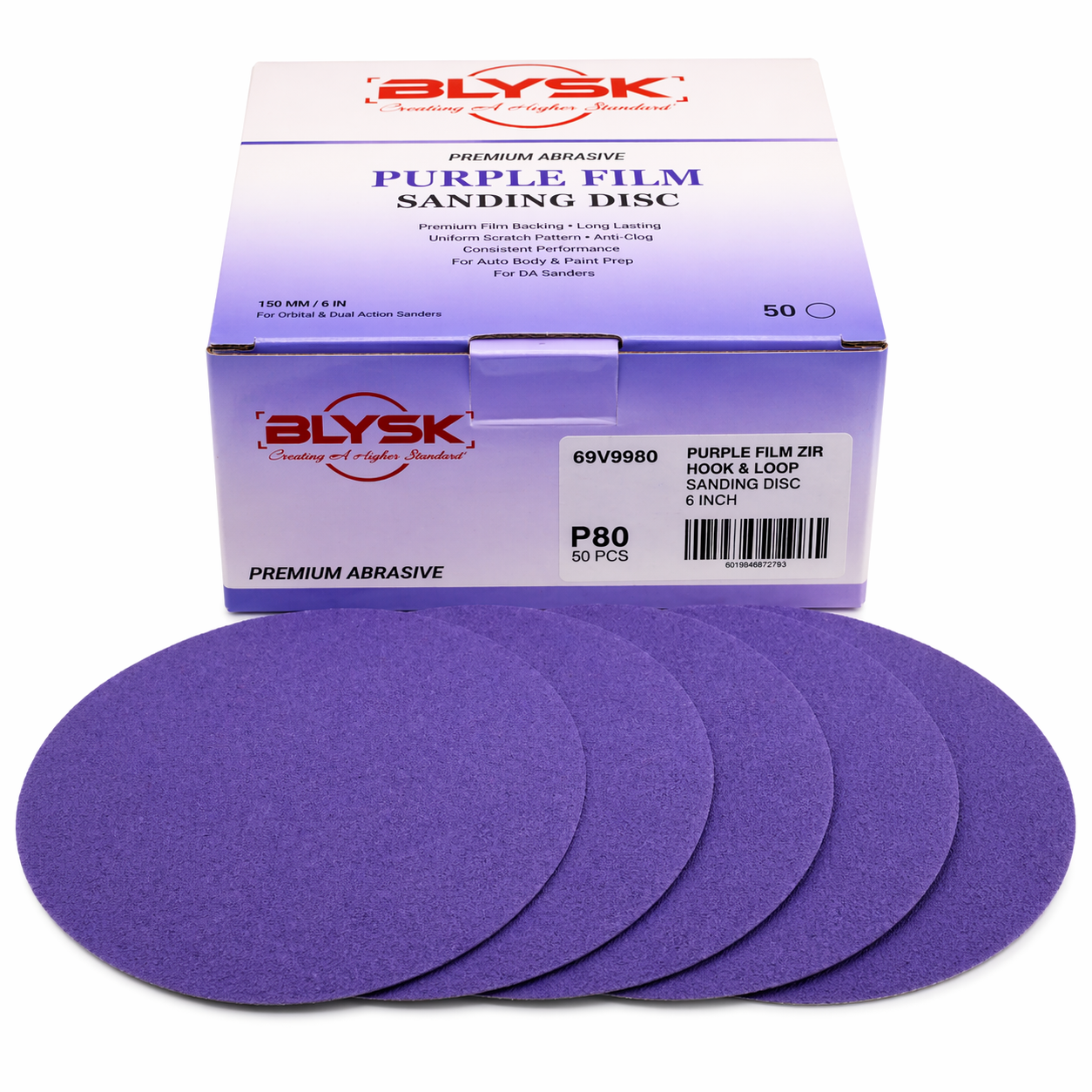 BLYSK Premium Purple Zirconia Sanding Discs 6", High Performance, Long Life, Clog-Resistant, Fits DA & Orbital Sanders, 50-Pack, Available in PSA and Hook & Loop